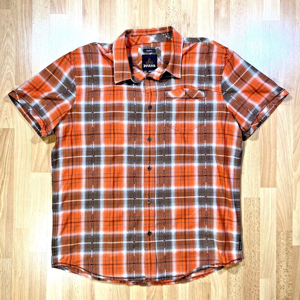prAna Button Up Hiking Shirt (Men’s Size L) • Organic Cotton • Orange • Slim Fit